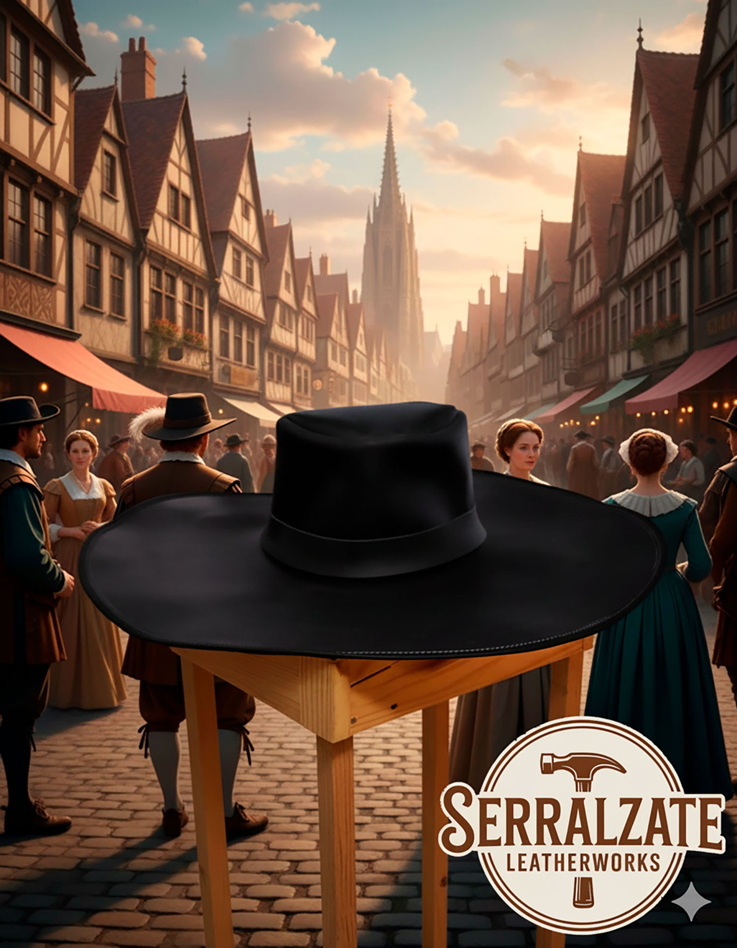 Sombrero medieval en cuero modelo Alatriste, color negro