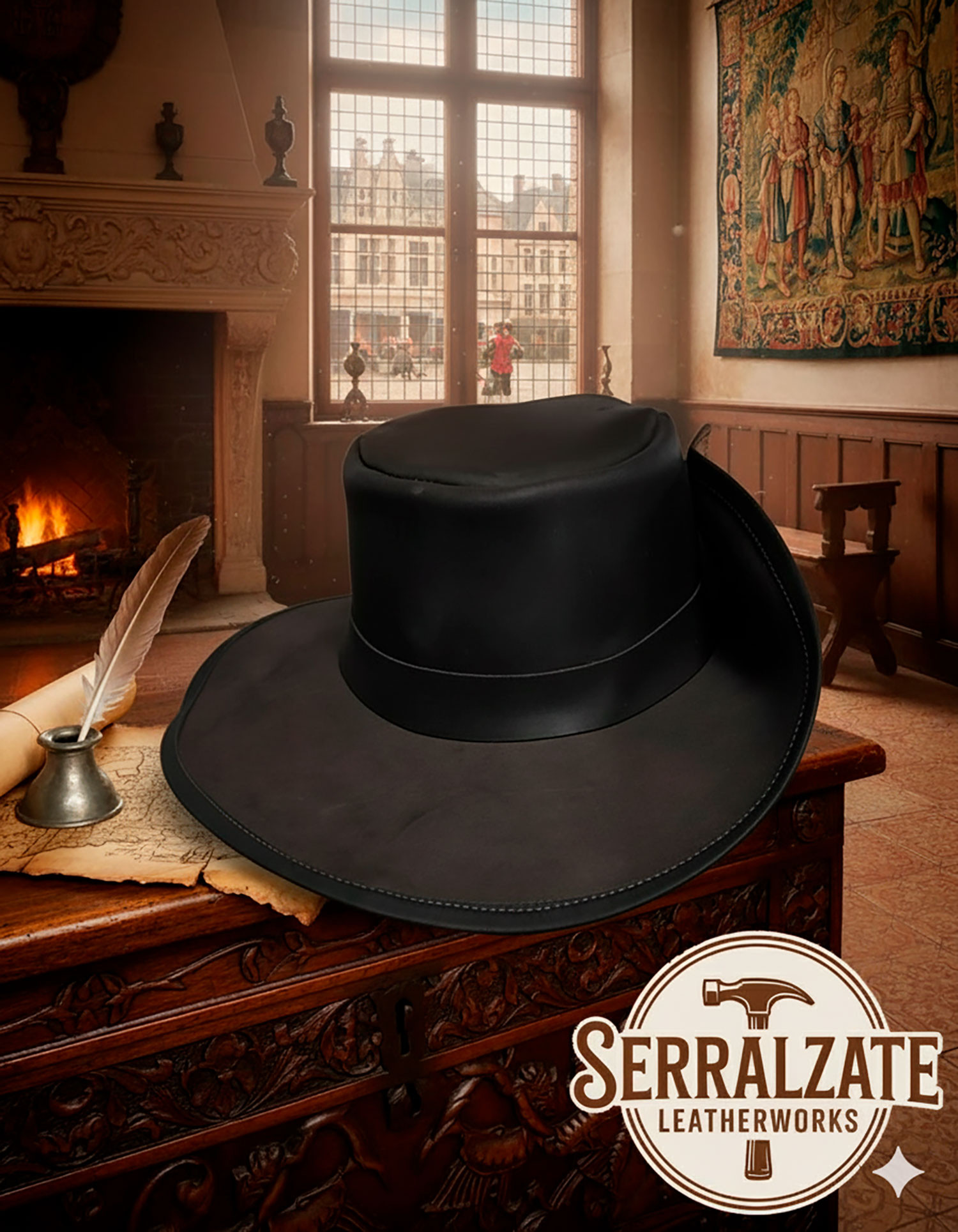 Sombrero medieval en cuero modelo Flandes, color negro