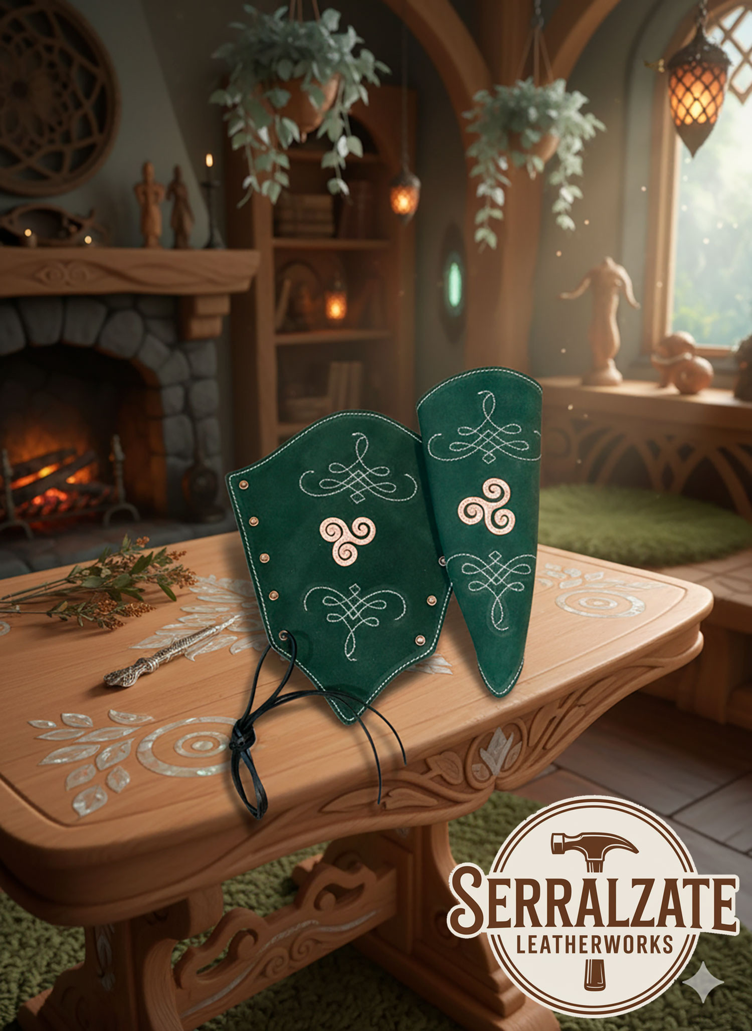 Brazaletes arquero cuero serraje verdes, modelo Nyara