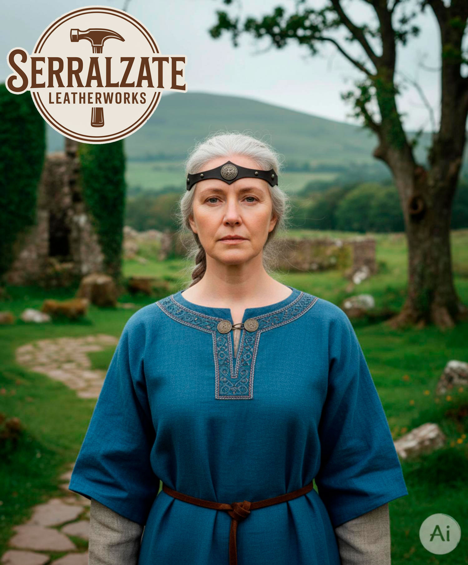 Tiara Vikinga-Celta con nudos celtas en cuero negro