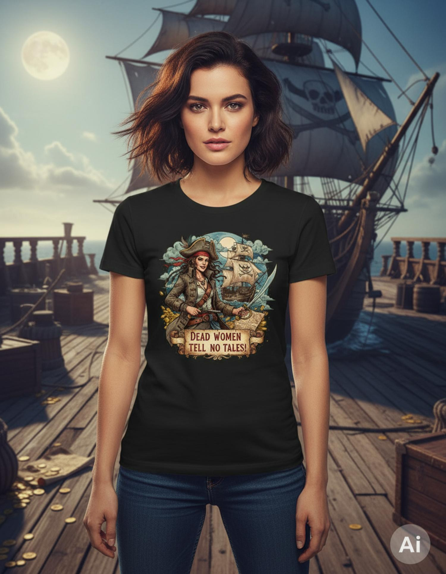 Camiseta negra pirata de mujer Dead Women tell no tales