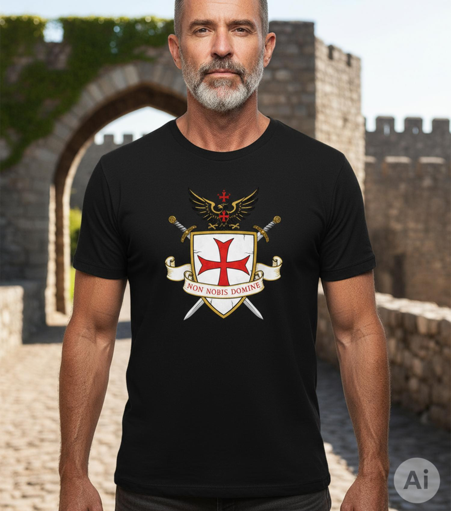 Camiseta negra Templaria para hombre, Non Nobis Domine