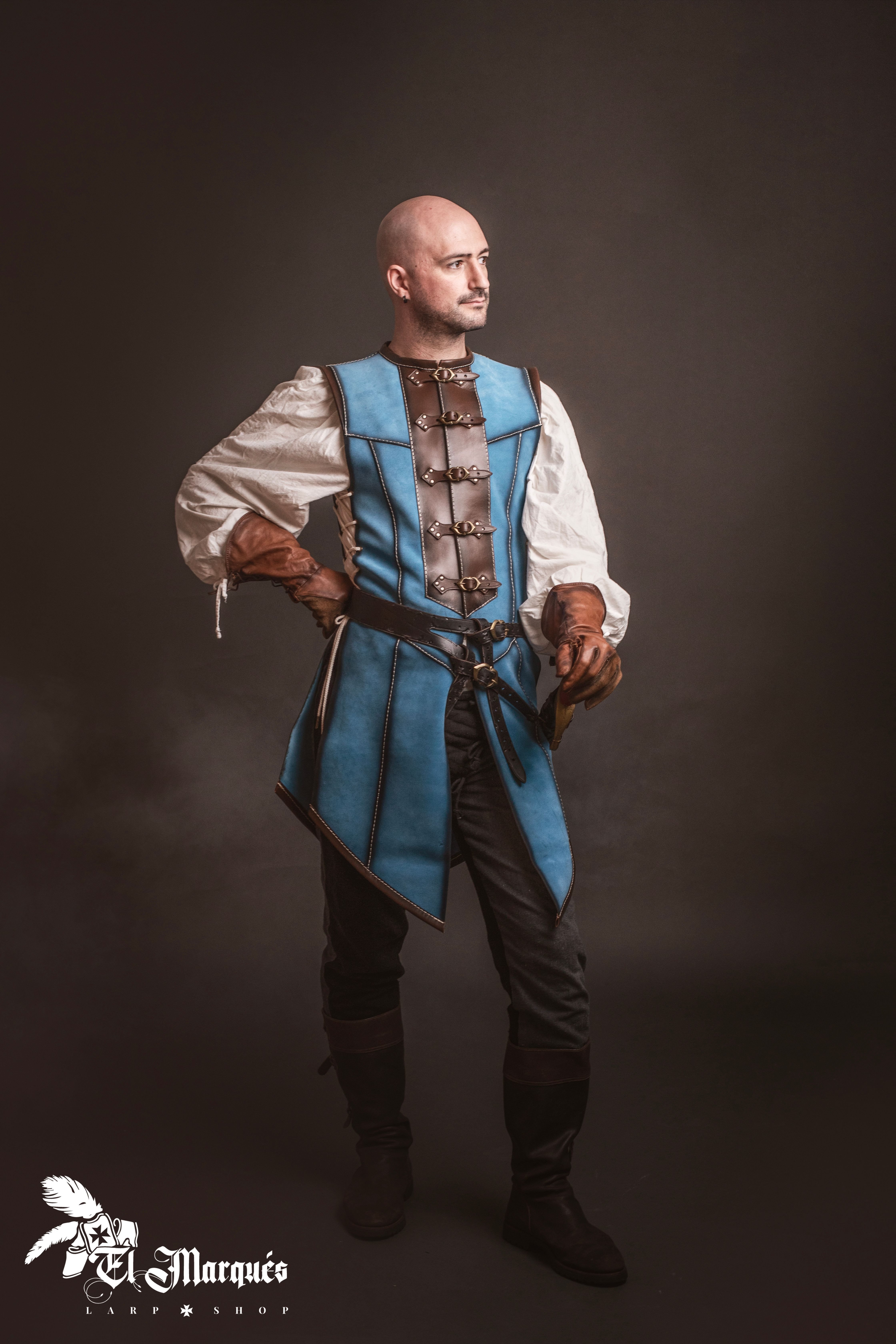 Cuera medieval larga para hombre, serraje azul