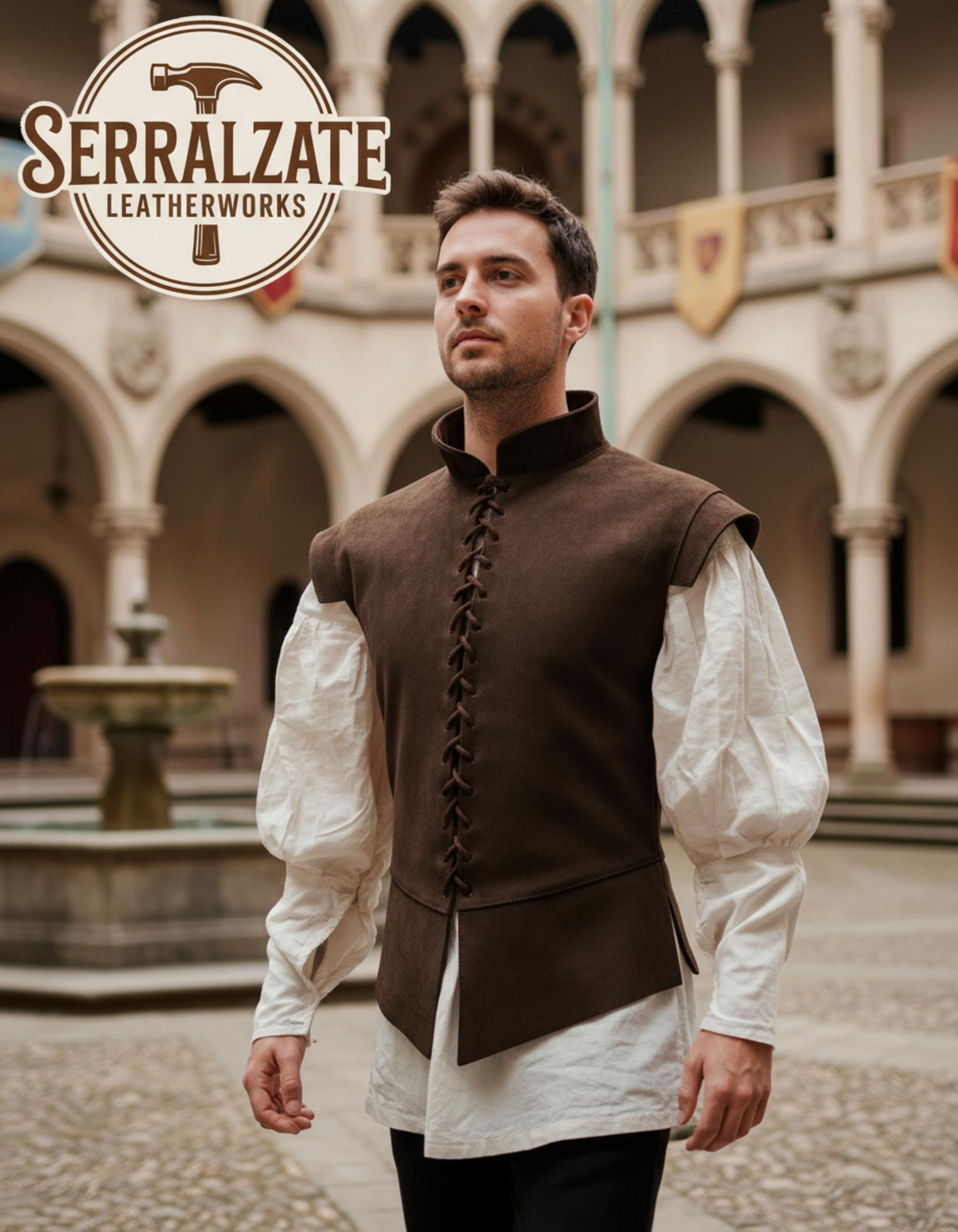 Jubón medieval y renacentista en piel de ante marrón oscuro