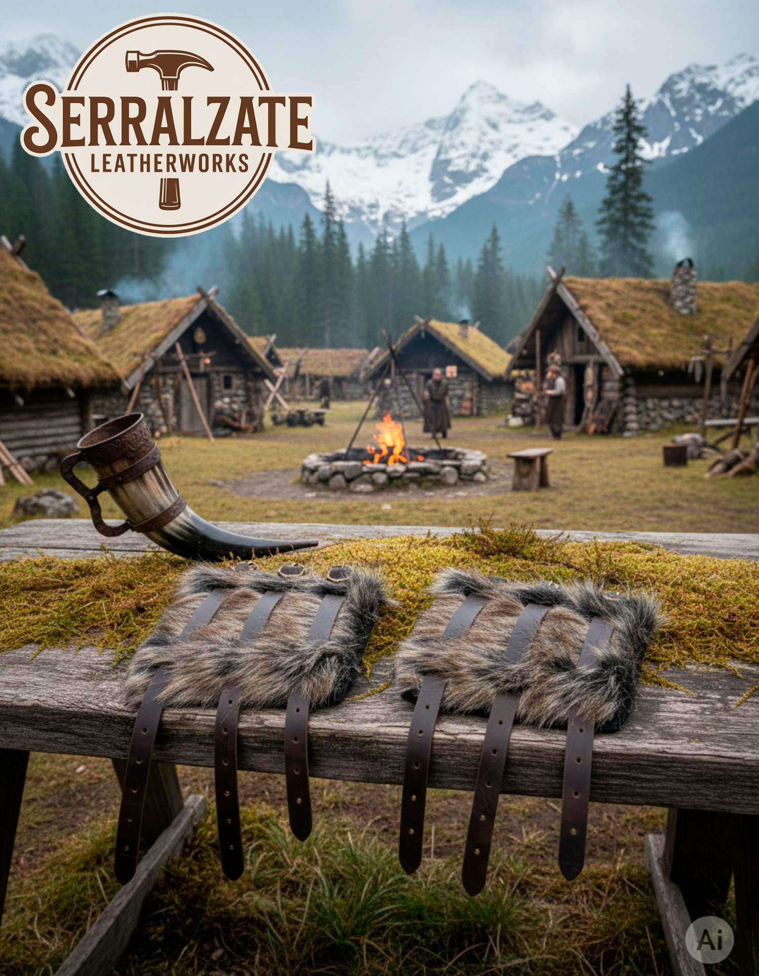 Brazaletes vikingos Hastein con pelo y piel