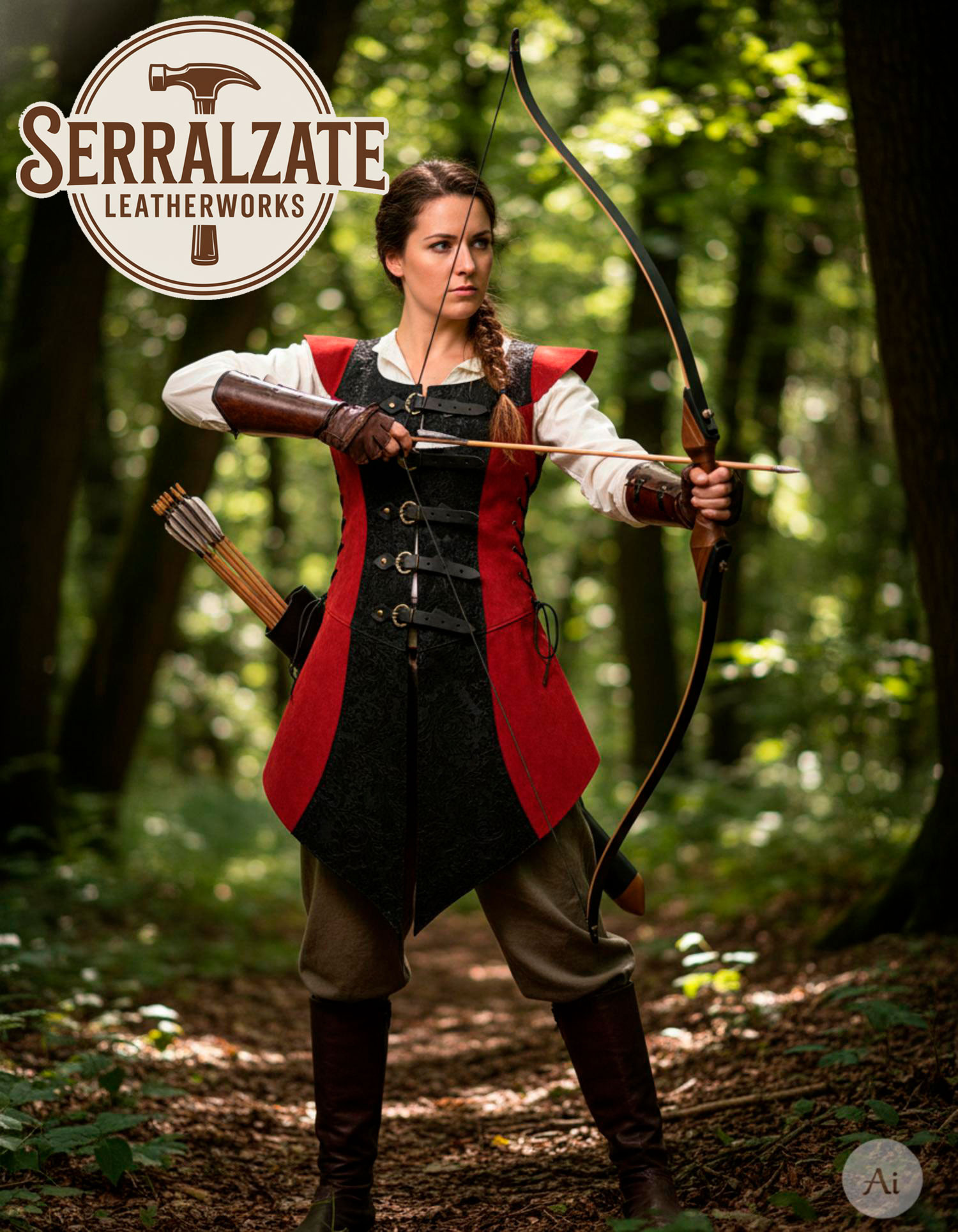 Vestido guerrera medieval Ingrid en piel, rojo y negro