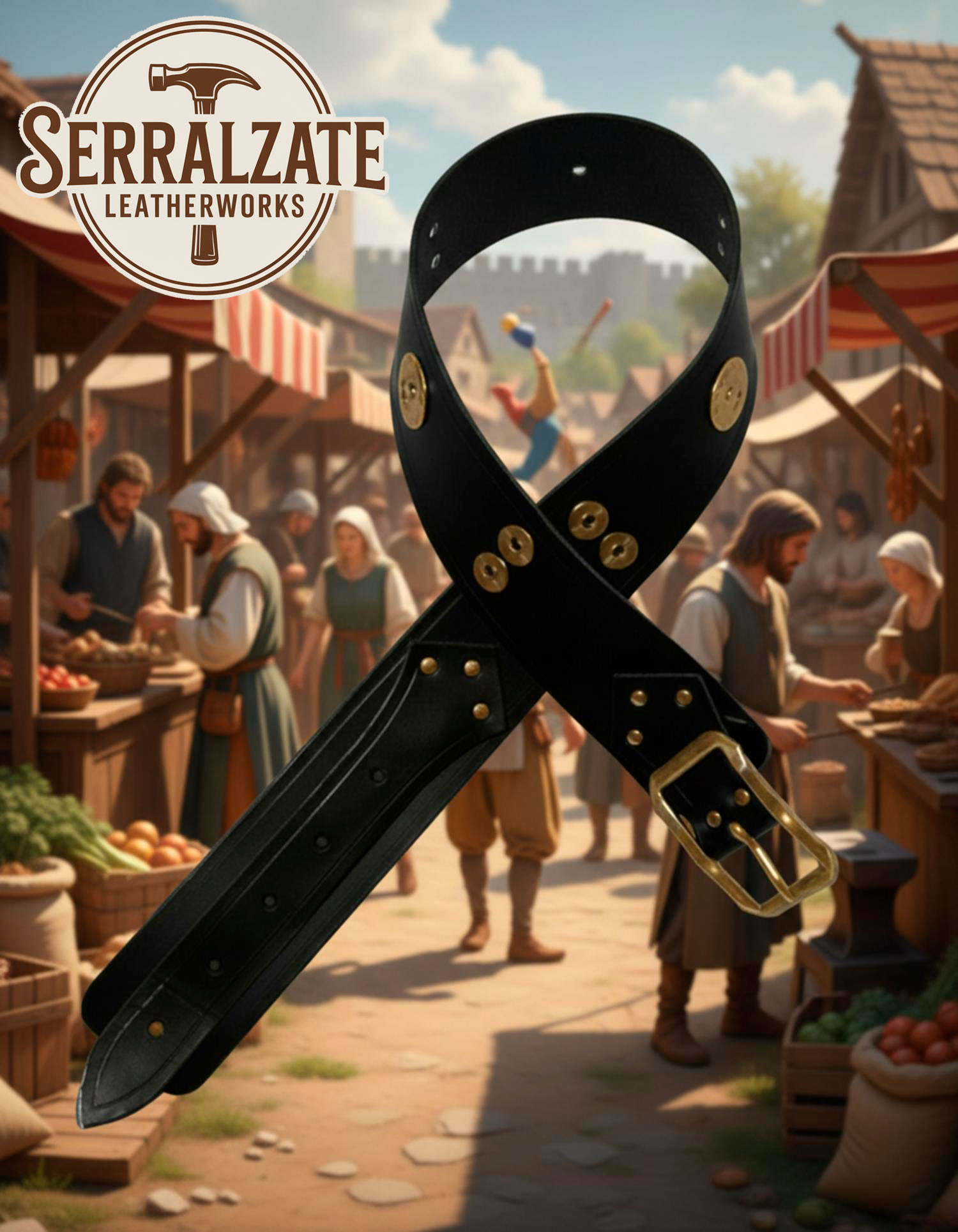 Cinturón ancho medieval piel negro, hebilla dorada