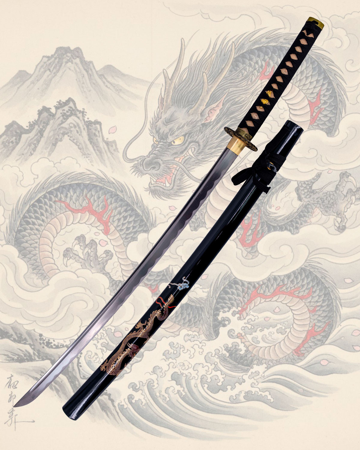 Katana Funcional Acero 1045 Vaina Dragón Dorado