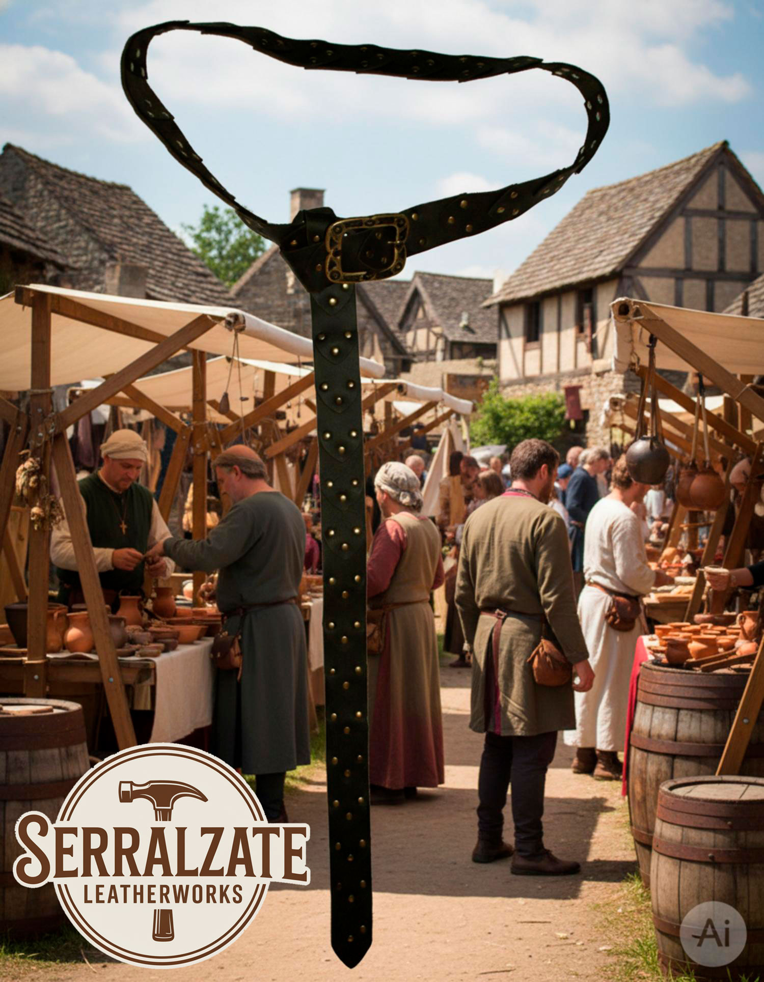 Cinturón vikingo cuero escamas hebilla nórdica, negro