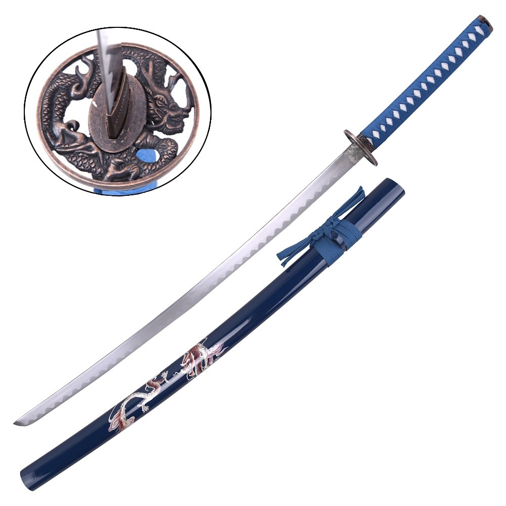 Katana ornamental con hoja de acero, vaina azul dragón