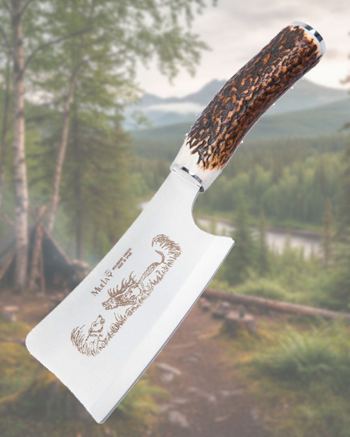 Hacha Muela artesanal acero 440c asta ciervo grabado