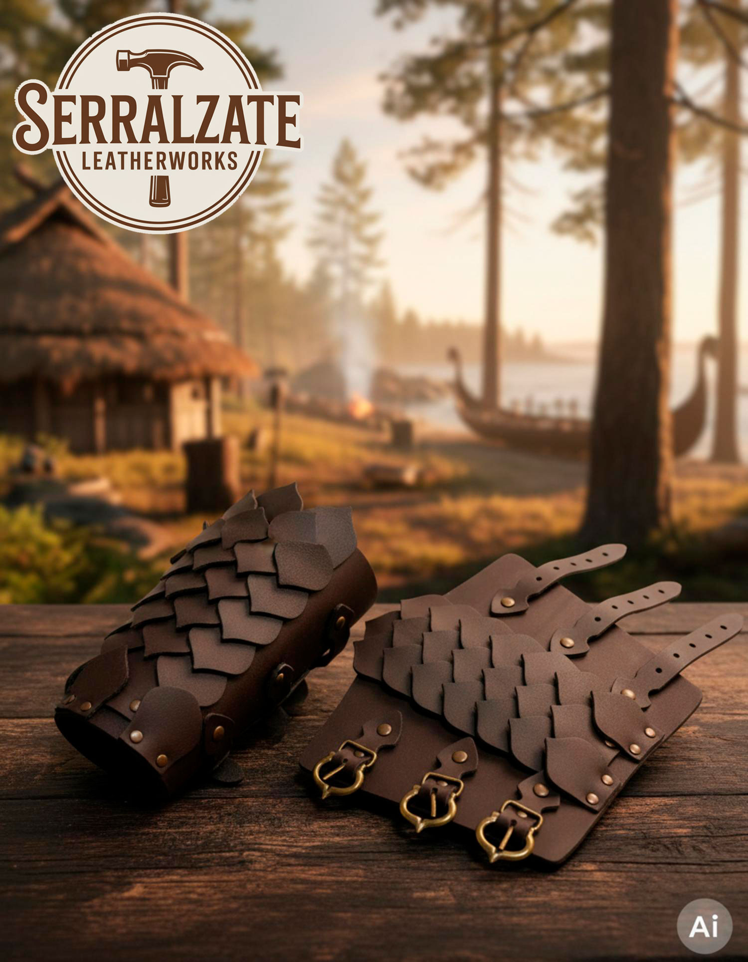 Brazaletes guerrero escamas piel marrón ajustables