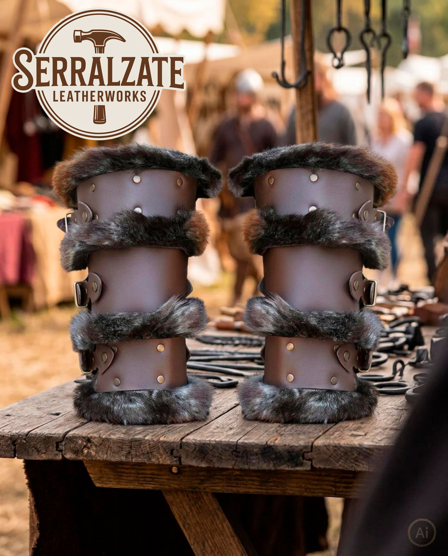 Brazaletes vikingos de cuero marrón oscuro con piel sintética