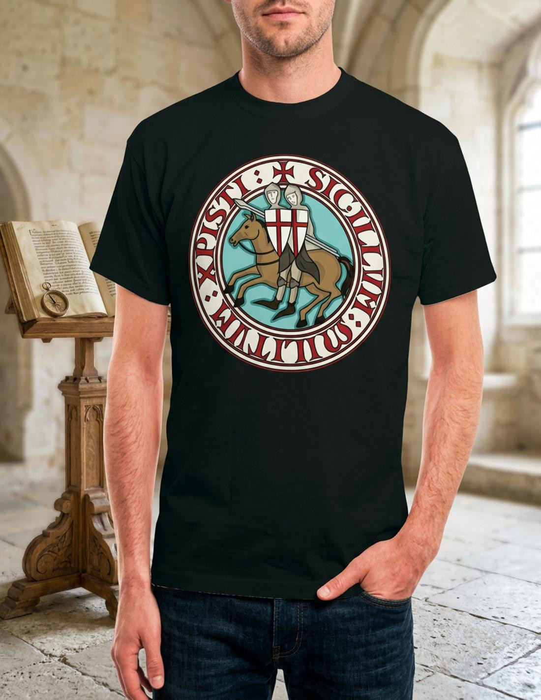 Camiseta Negra Caballeros Templarios, manga corta