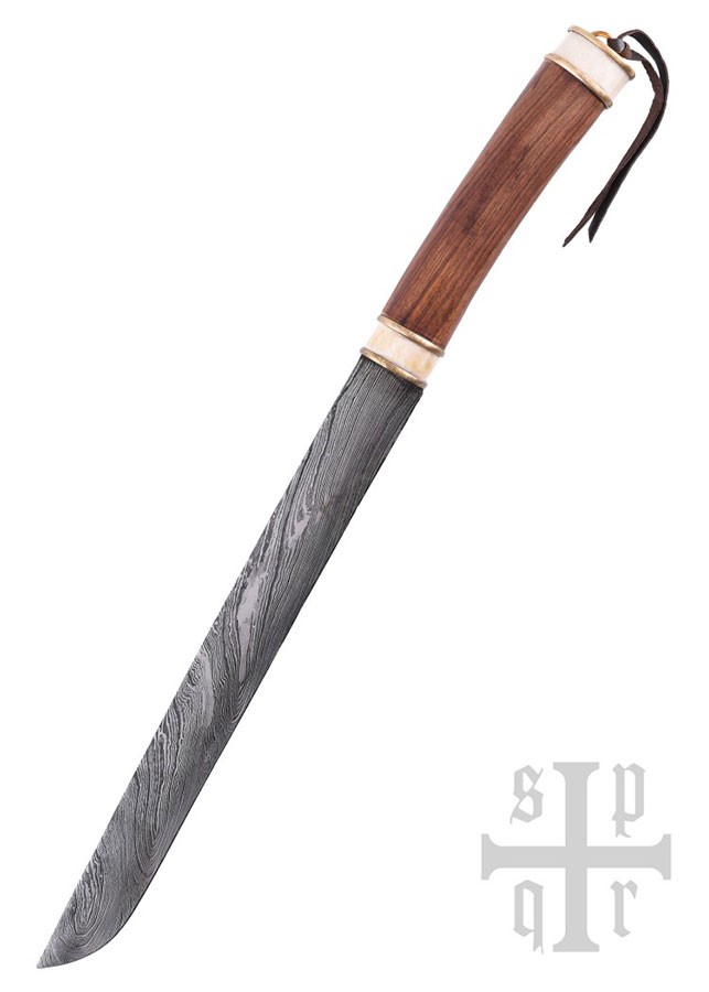 Cuchillo damasco vikingo Seax, puño nuez y hueso