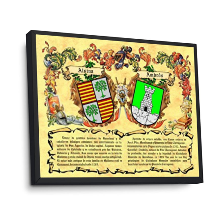 Cuadro escudos heráldicos 2 apellidos, marco aluminio (30x40 cms.)