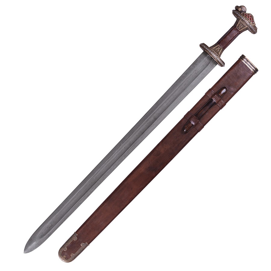 Espada escandinava era del Vendel en acero de Damasco, acabado latonado