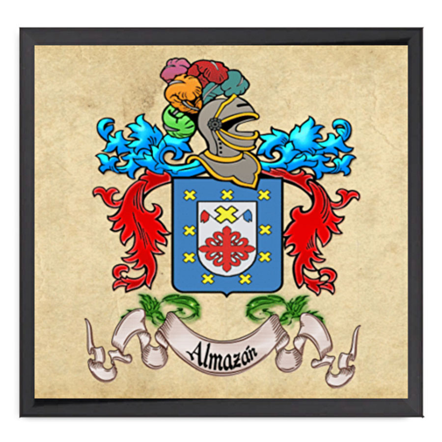 Cuadro escudo heráldico con 1 apellido enmarcado en aluminio (30x30 cms.)