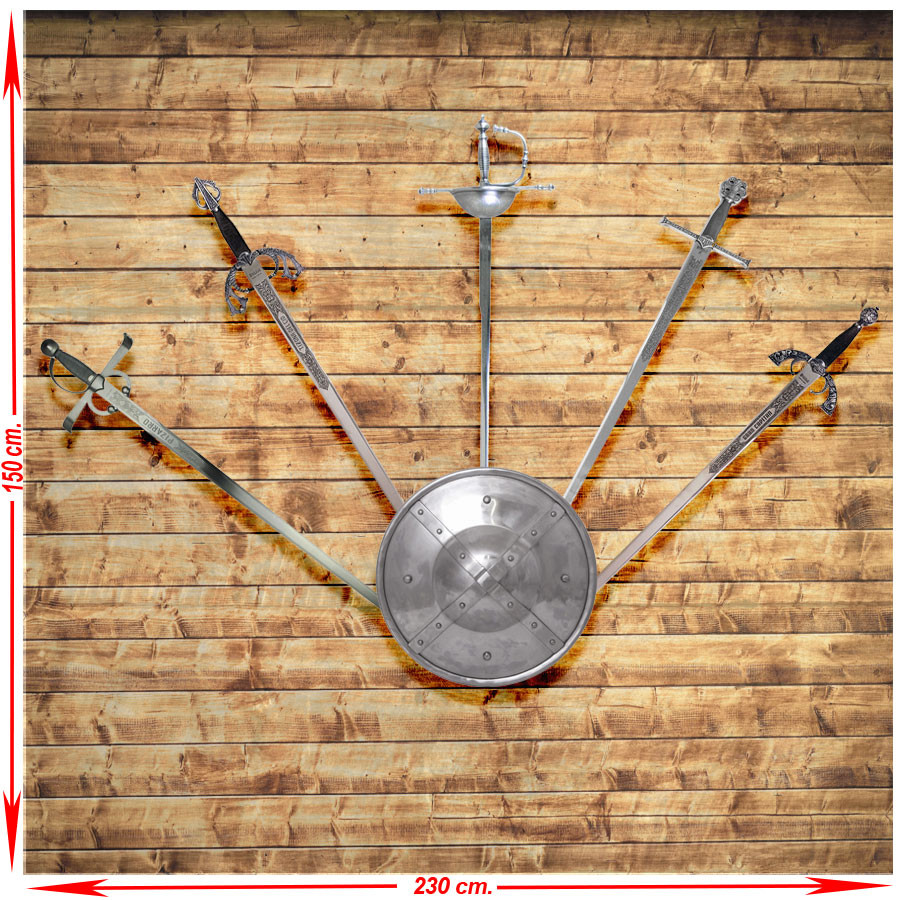 Panoplia (1) con cinco espadas medievales reales e históricas con escudo