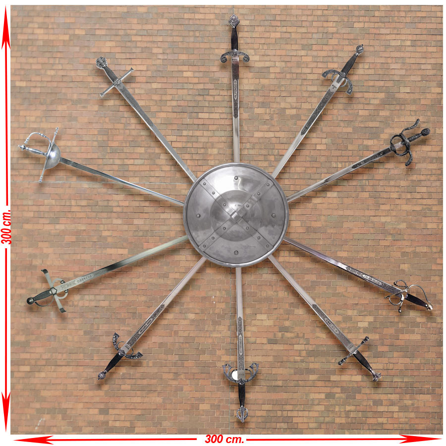 Panoplia (3) grande con diez espadas medievales reales e históricas y escudo