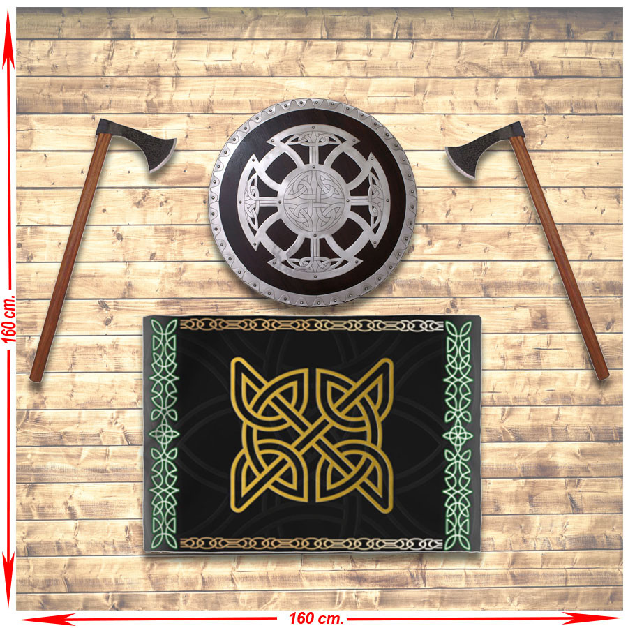 Panoplia Vikinga con Escudo, hachas y estandarte