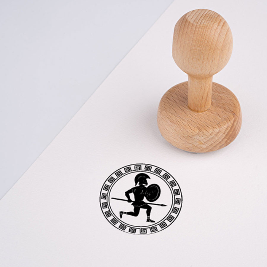 Sello y tampón de tinta antigua Grecia con guerrero, varios colores