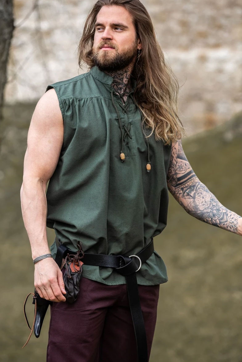 Camisa medieval verde sin mangas, modelo Louis