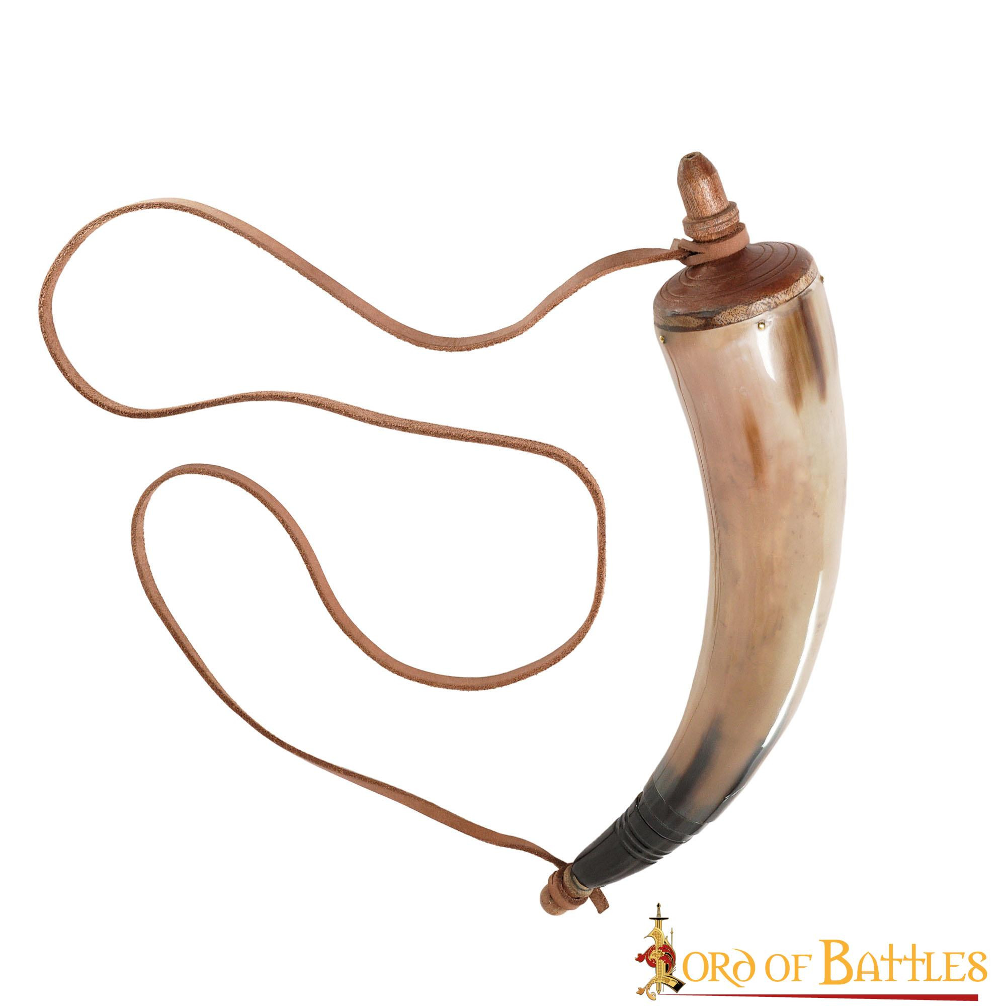 Polvorera de cuerno genuino con correa de cuero