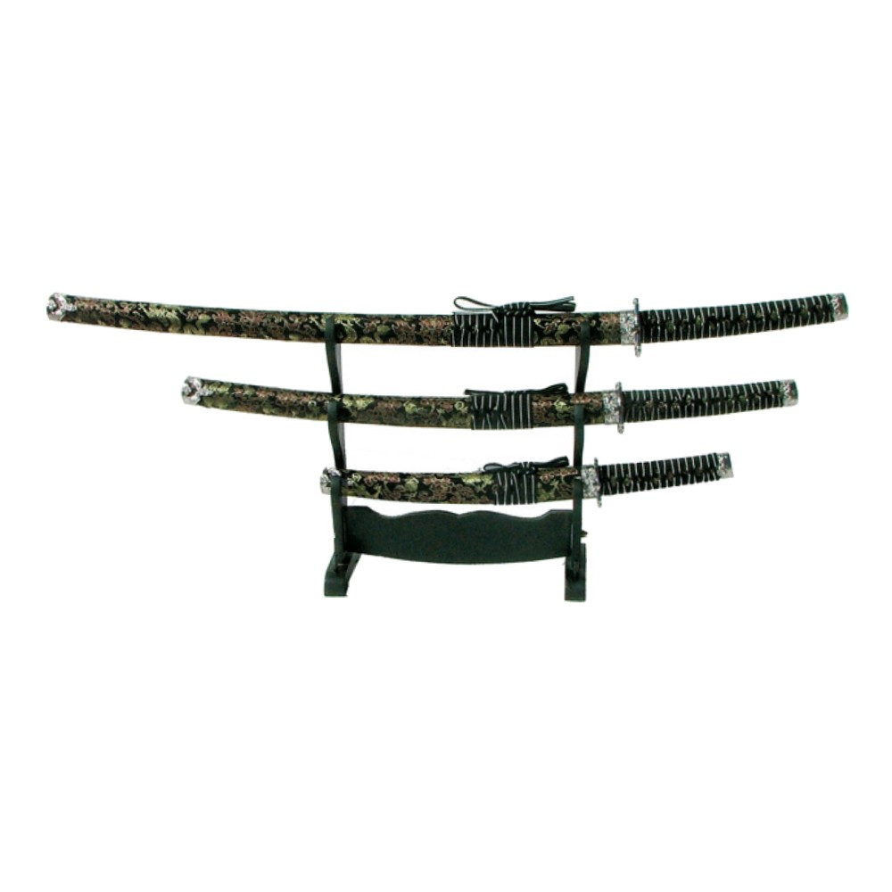 Set ornamental con Katana, wakizashi y tanto floral negro