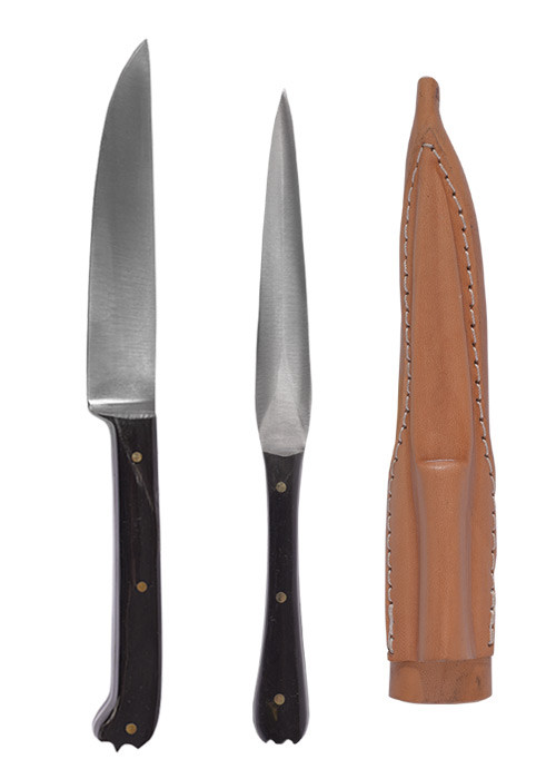 Set 2 cubiertos medievales con funda de piel - mango asta de cuerno