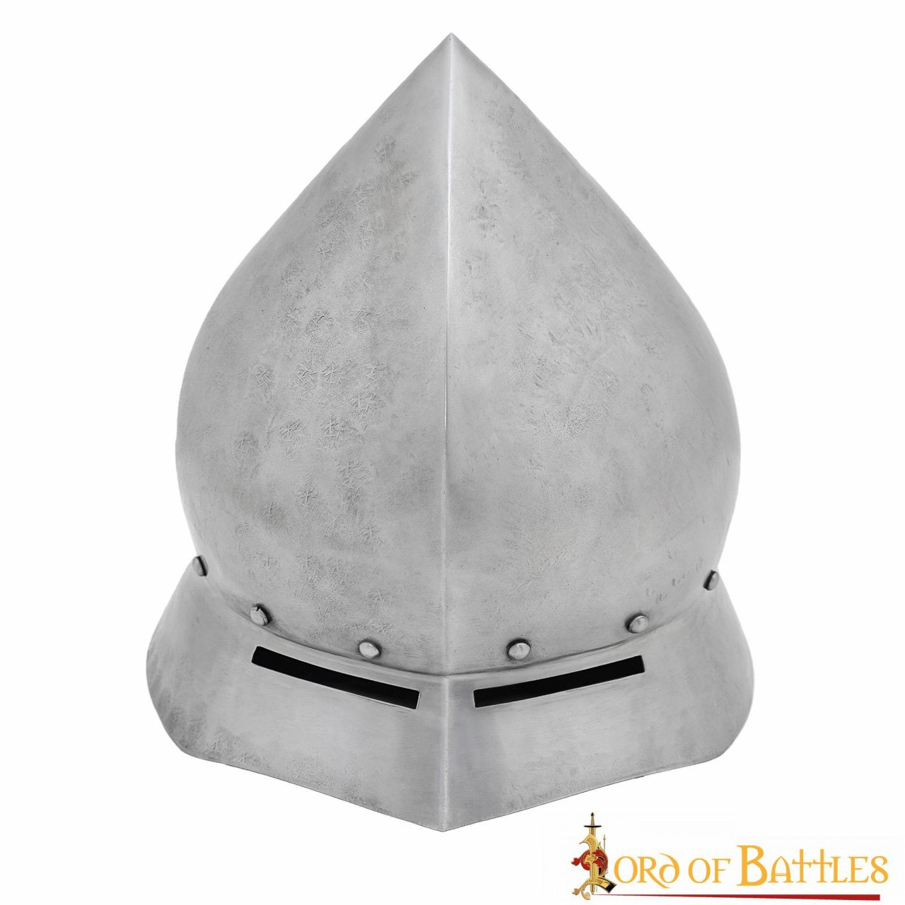 Casco medieval, tipo tetera, acabado en viejo, siglo XV