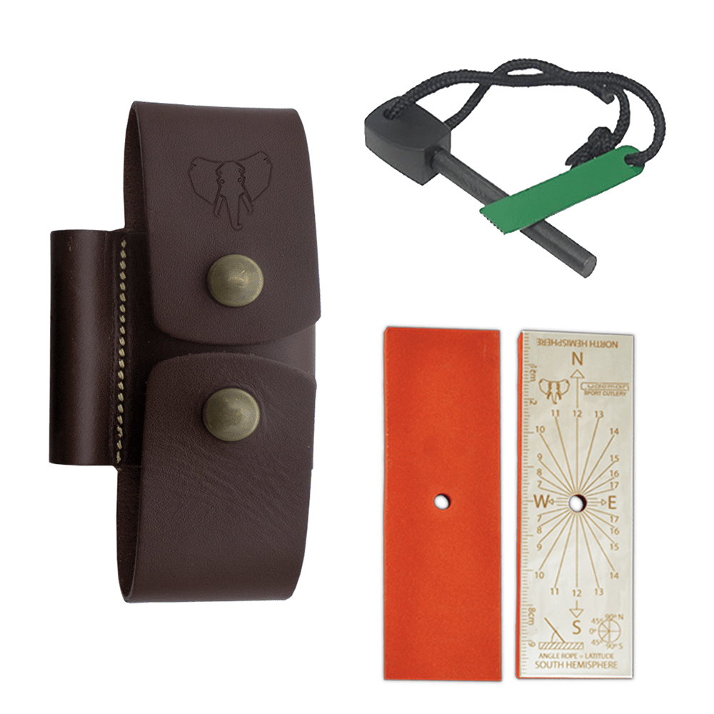 Kit pedernal y piedra de afilado con funda marrón