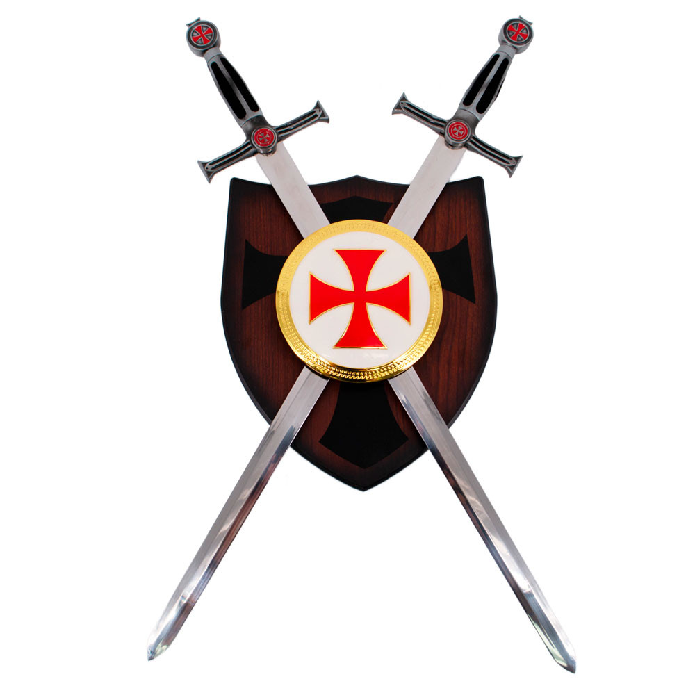 Panoplia Templaria con 2 espadas y escudo, acabado plata