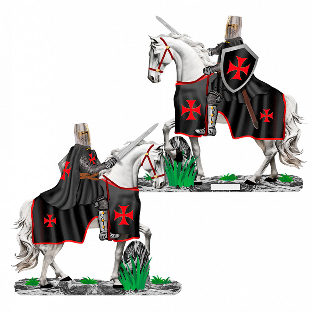 Caballero templario negro a caballo con espada (12 cm.)