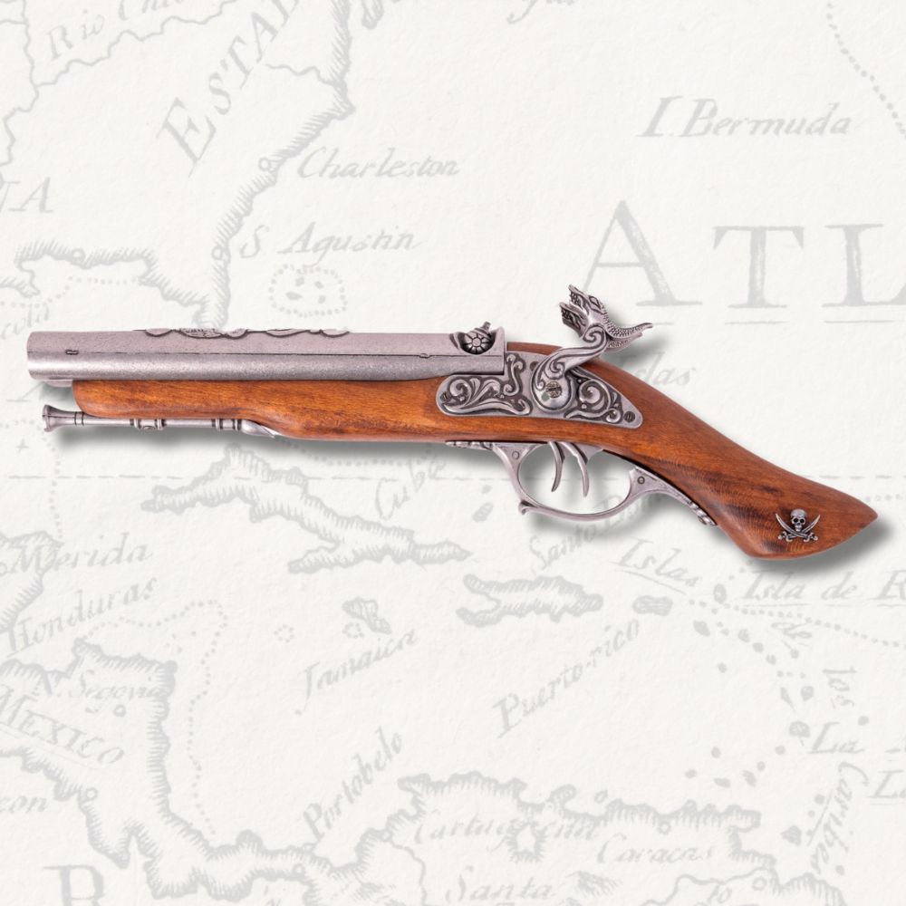 Pistola de dos cañones de percusión pirata X. XVIII, plateada