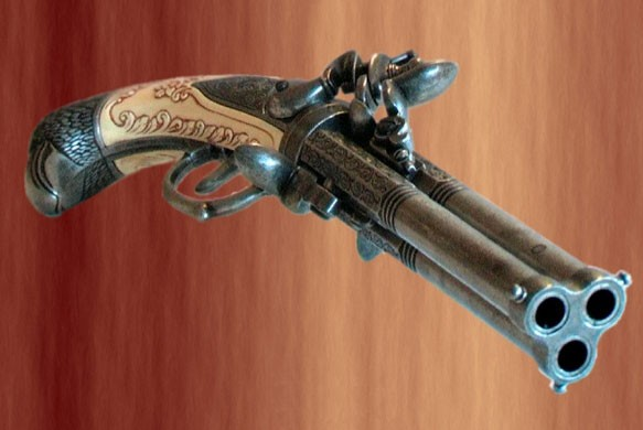 RÉPLICA DECORATIVA PISTOLA DE 3 CAÑONES AUGSBURG 1775 PAVONADA RÉPLICA DECORATIVA PISTOLA DE 3 CAÑONES AUGSBURG 1775 PAVONADA