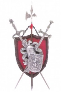Panoplia escudo de armas con dos espadas y alabarda