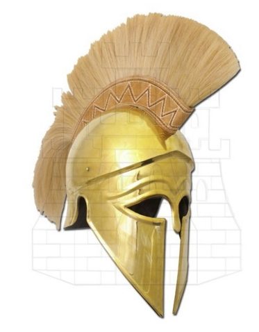 Casco griego corintio dorado con penacho