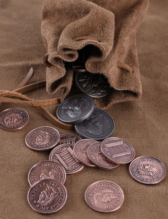 Monedas Romanas para LARP con bolsa de cuero
