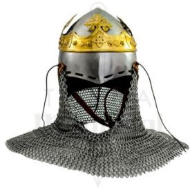 Bacinete medieval Robert The Bruce con cota de malla y corona de Rey, siglo XIV