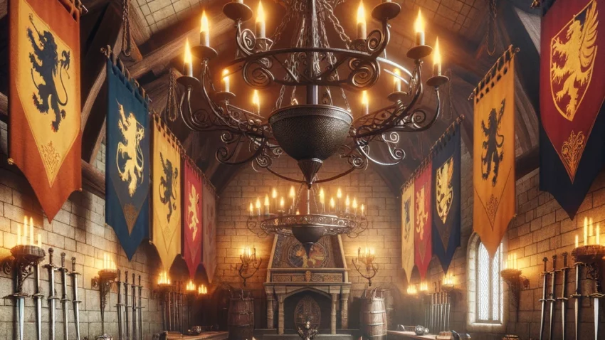 Salón de castillo con decoración medieval